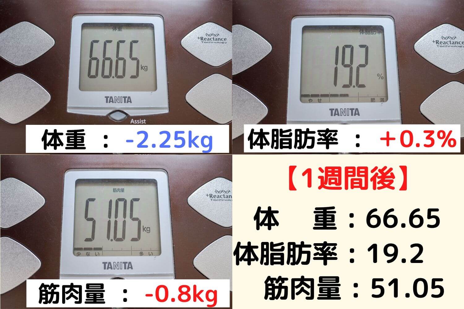 ダイエット1週間後の体重・体脂肪率